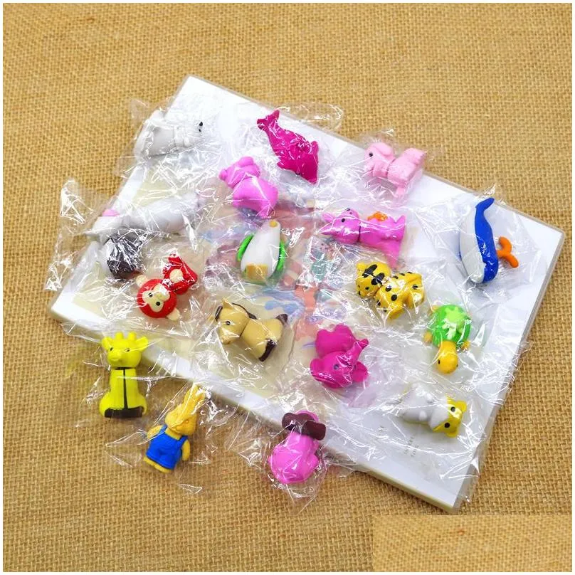 Erasers Wholesale 50Pcs/Pack Colorf Cute Cartoon Animal Pencil Eraser Ding Art Painting Rubber Correction Exam Writing Tpr Assemblable Dhfln