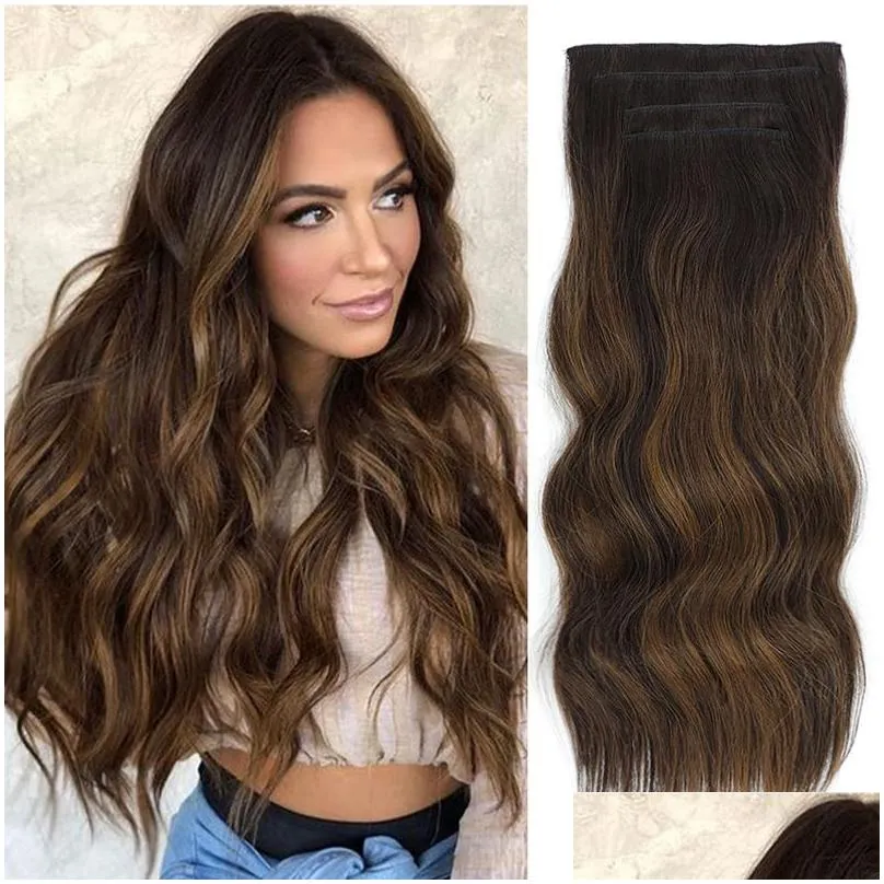 Clip In/On Hair Extensions Aisi Hair Synthetic 4Pcs/Set Long Wavy Extensions Clip In Ombre Blonde Dark Brown Thick Pieces W22040198976 Otptr