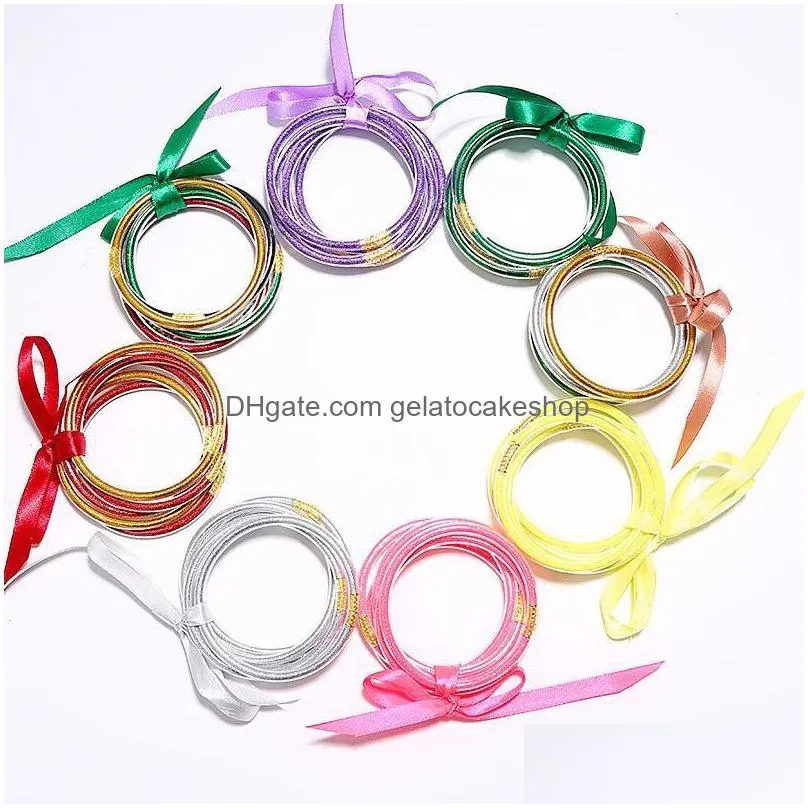 5 pcs/set bowknot glitter bangles party girls all weather stack silicone plastic glitters jelly bracelet gifts