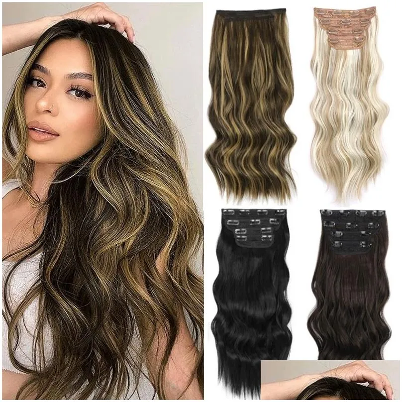 Clip In/On Hair Extensions Aisi Hair Synthetic 4Pcs/Set Long Wavy Extensions Clip In Ombre Blonde Dark Brown Thick Pieces W22040198976 Otptr