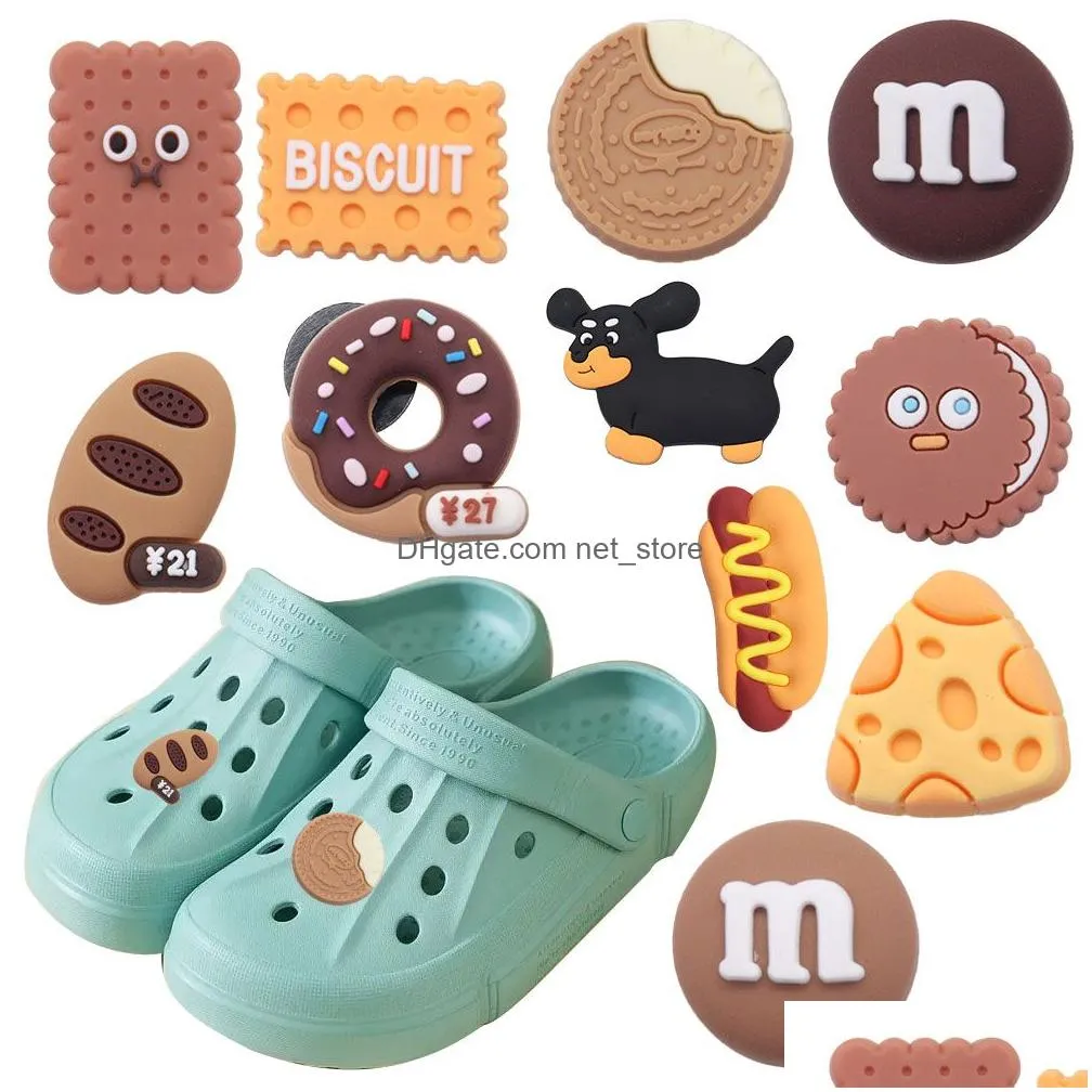 wholesale 100pcs pvc food chocolate chip cookie bun shoe charms buckle decorations for bracelet button clog