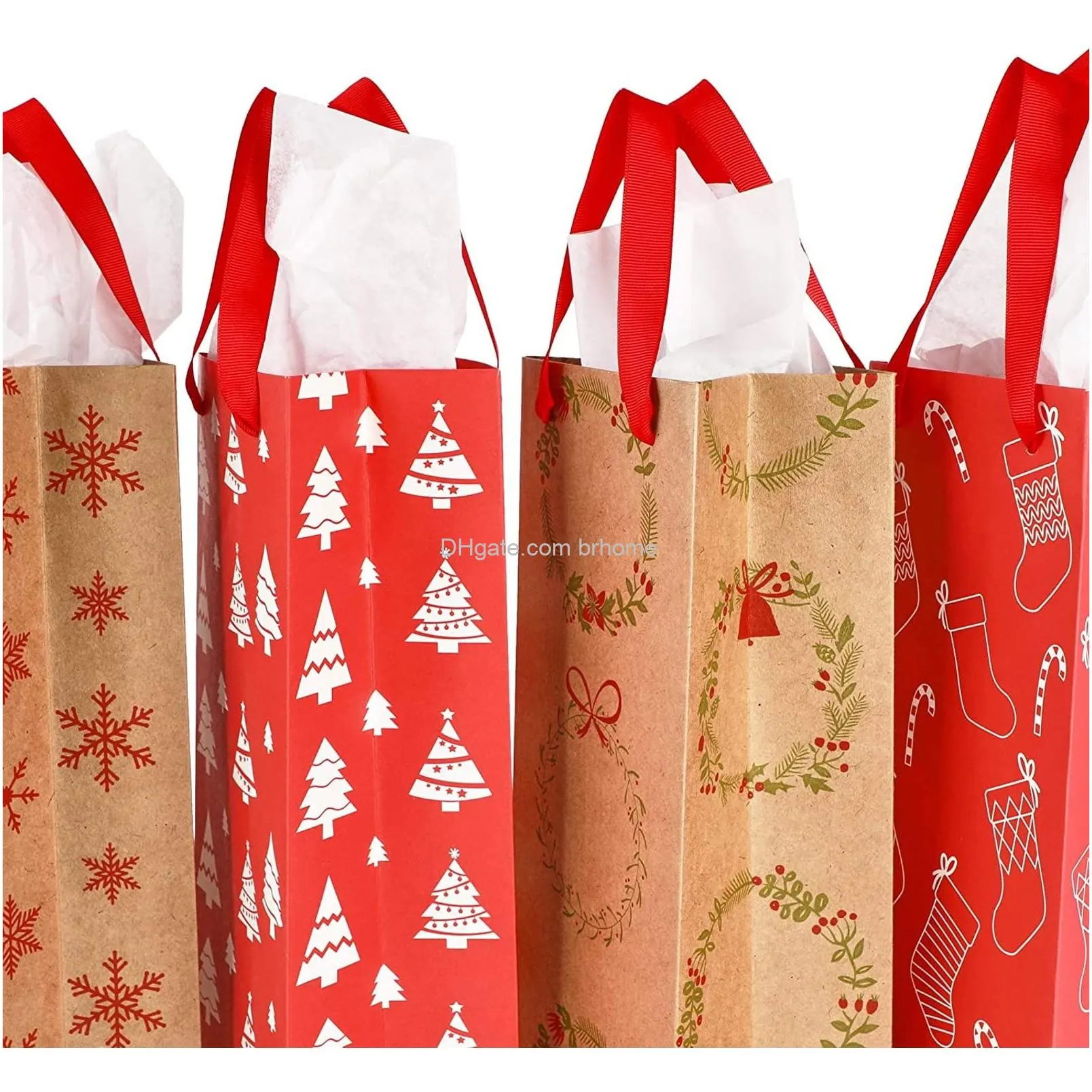 christmas wine gift bags with tissue paper red brown 4.5 x 15.5 x 3.5 in 