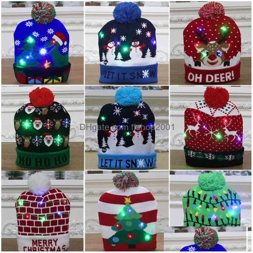 2024 led knitted christmas hat beanie decorations light up illuminate warm hats for kids adults year christmas decor