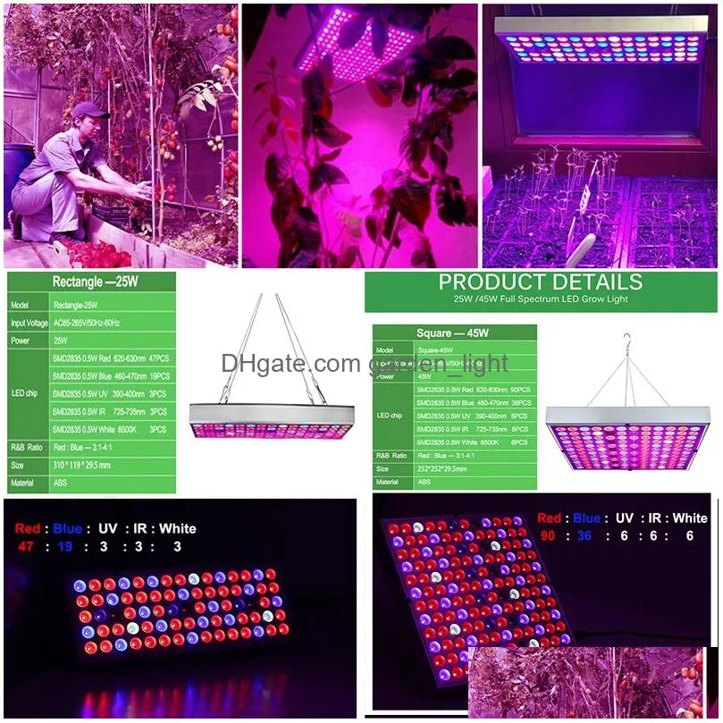 led grow light 25w 45w full spectrum panel ac85-265v greenhouse horticulture growth lamp for indoor plant flowering grown