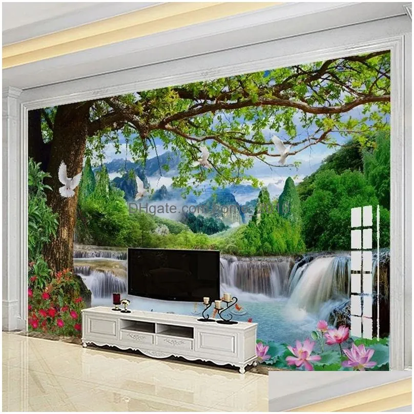 custom mural green big tree forest waterfall nature landscape 3d p o wallpaper bedroom living room background