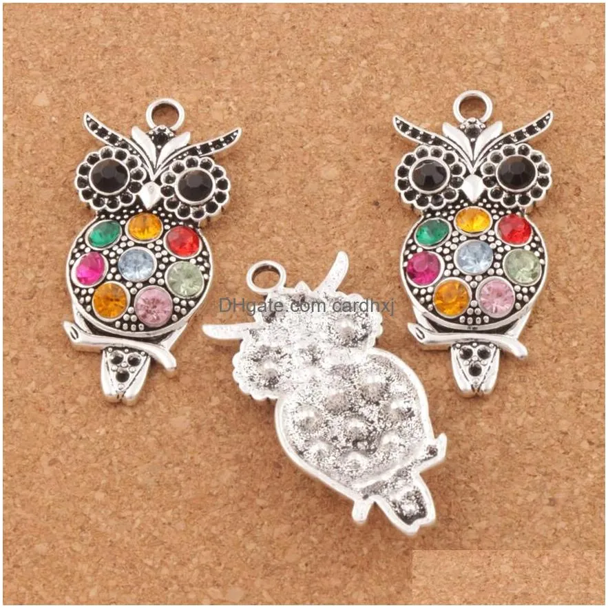 Charms Colorf Crystal Owl Animal Charms 20Pcs/Lot Antique Sier Pendants 22X47Mm L1598 Jewelry Findings Components Lzsier Jewelry Jewel Dhape