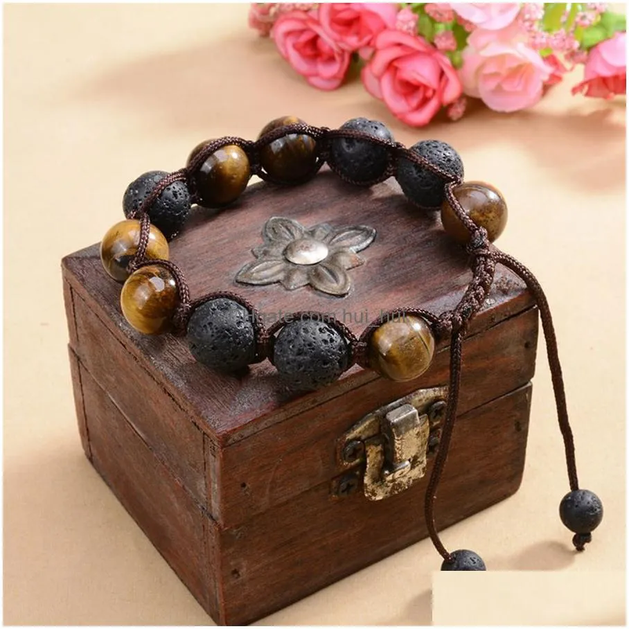 yiwu small commodity handmade accessories 12mm tiger eye stone woven adjustable bracelet volcanic rock qm8i