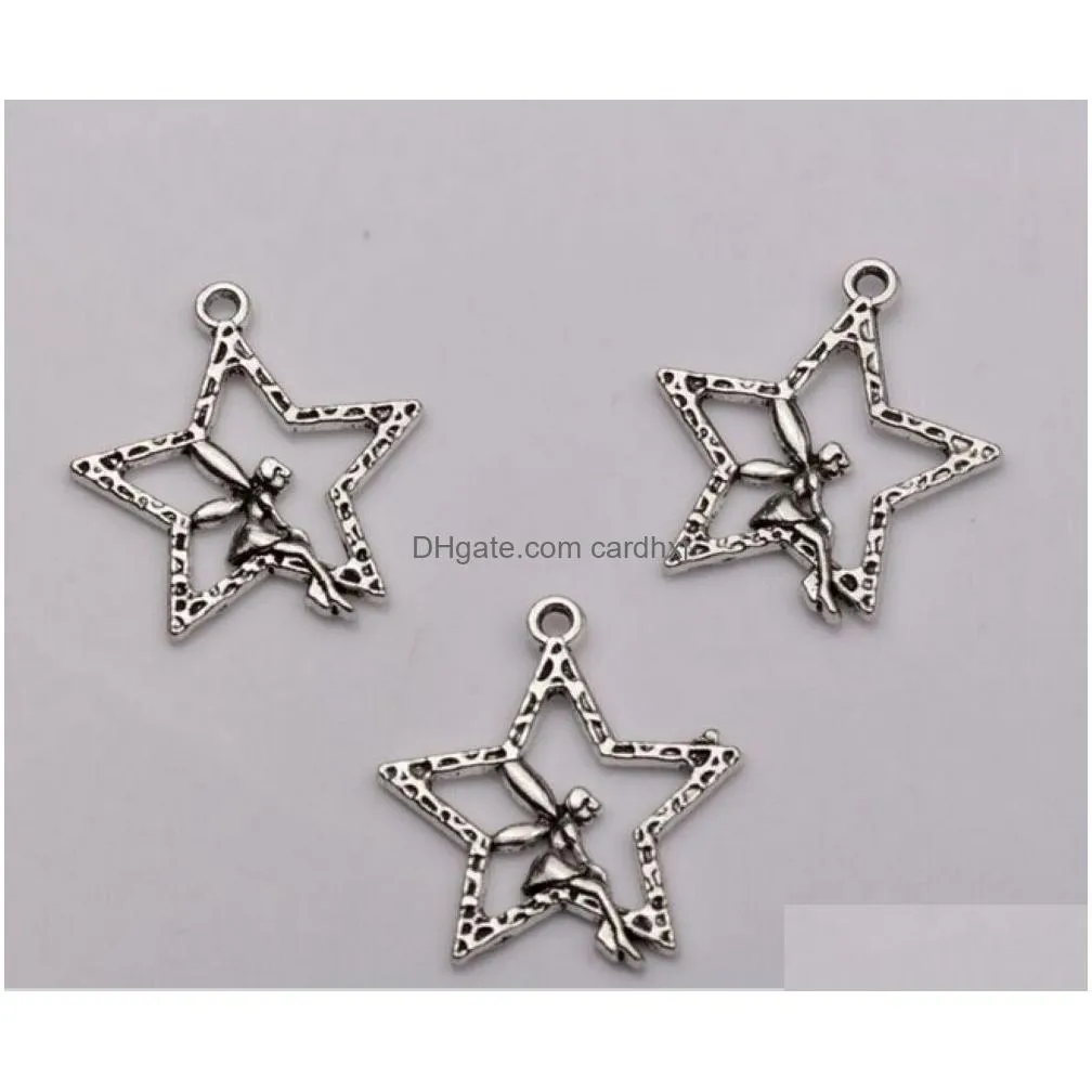 Charms 150Pcs Antiqued Sier Alloy Single-Sided Design Star Angel Charm Pendants 25 X 29.5Mm Diy Jewelry Jewelry Jewelry Findings Compo Dha78
