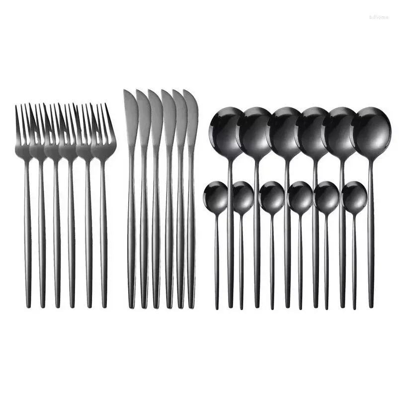 Flatware Sets 24Pcs Black Western Dinnerware Set Stainless Steel Cutlery Fork Knife Spoon Tableware Sierware Drop Delivery Home Gard Ot1Oy