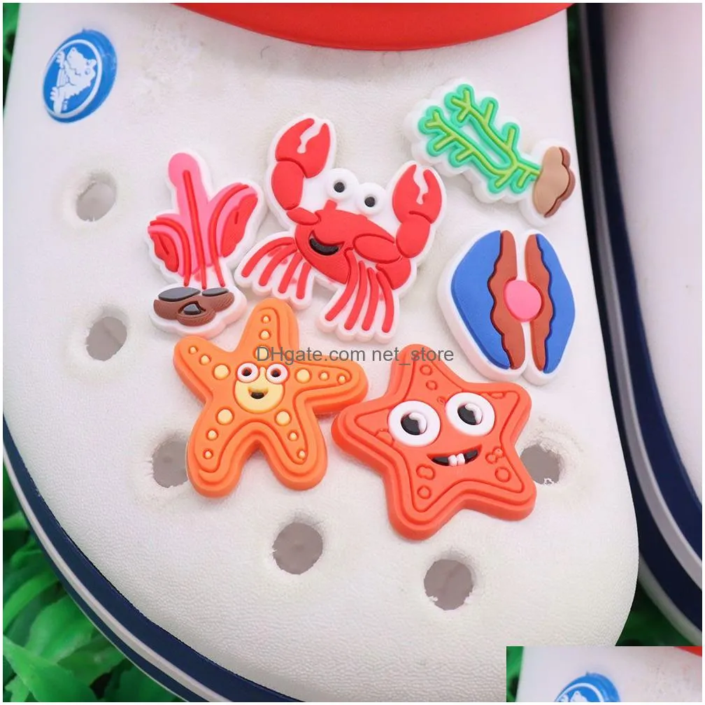 wholesale 100pcs pvc sea animal coral starfish seaweed shell crab shoe charms girls woman buckle decorations for backpack button clog