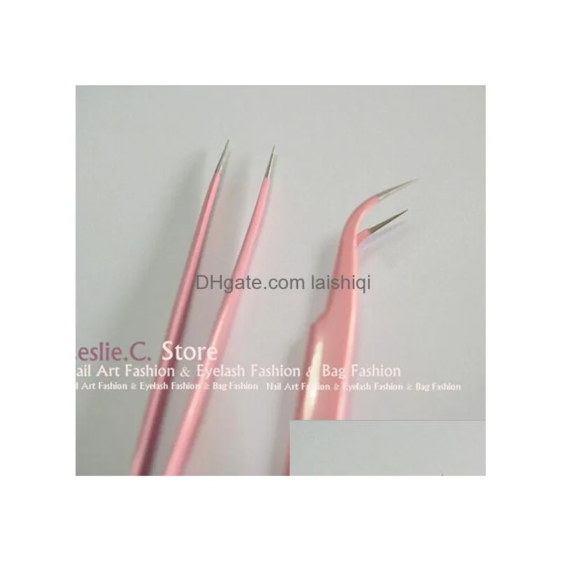 wholesale-2pcs/lot 2015 anti-magnetic pink curved straight steel make up eyelash extension tweezer nipper black picking too