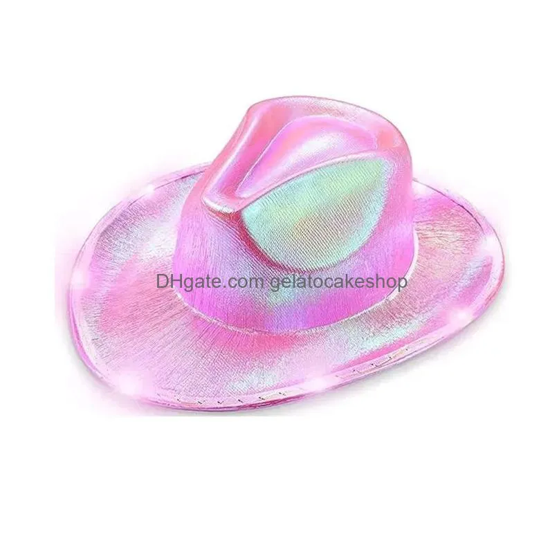 led light up  hats neon cowgirl hat holographic rave fluorescent hats with adjustable windproof cord for halloween costume accessories