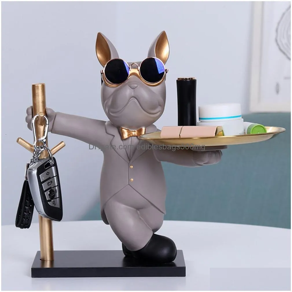 decorative objects figurines dog ornament big mouth french bulldog butler storage box with tray nordic table decoration resin animal sculpture statue