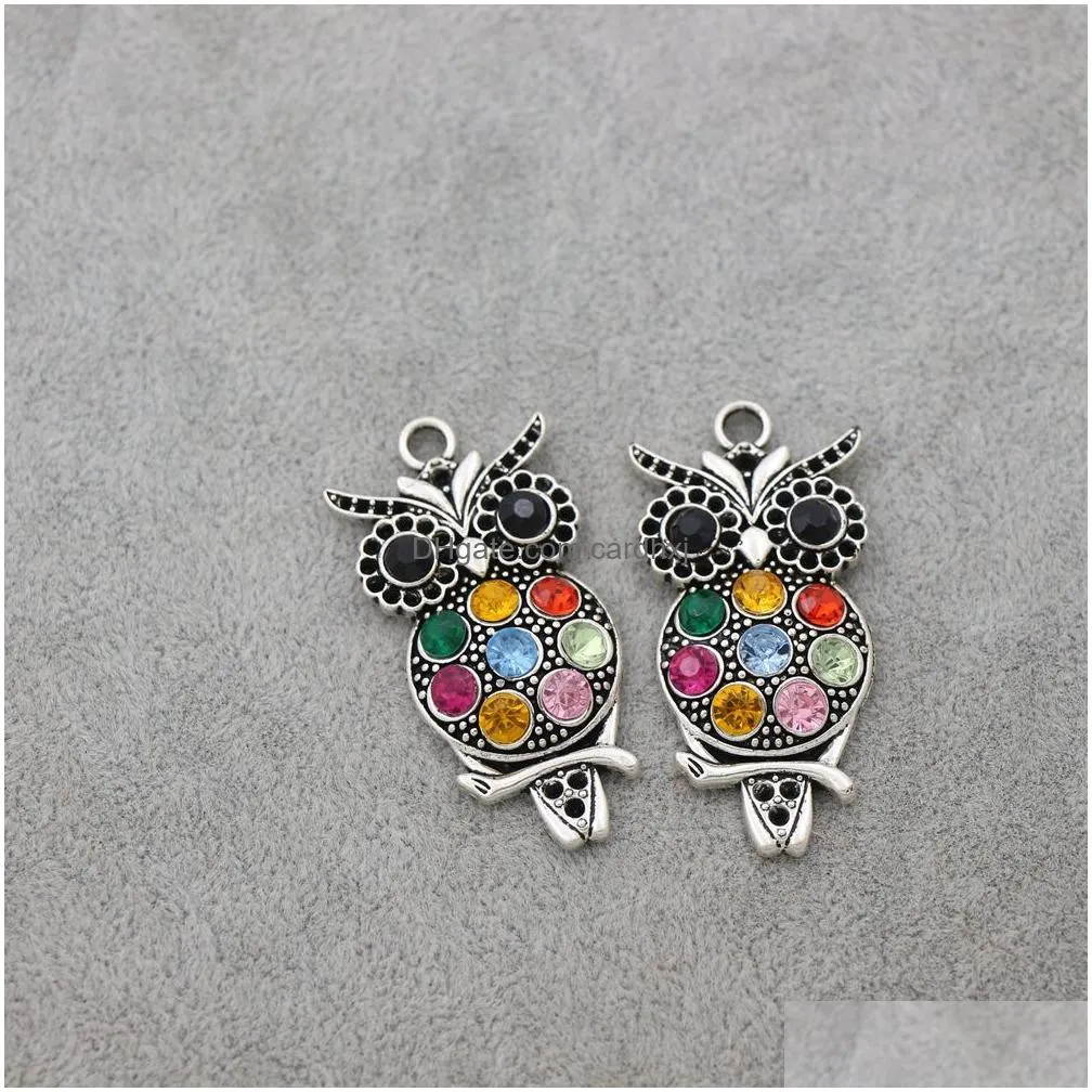 Charms Colorf Crystal Owl Animal Charms 20Pcs/Lot Antique Sier Pendants 22X47Mm L1598 Jewelry Findings Components Lzsier Jewelry Jewel Dhape