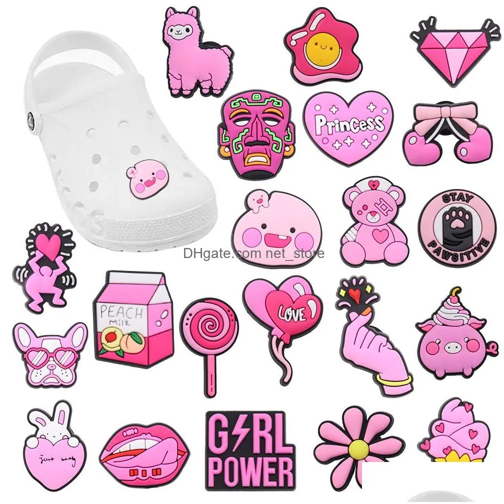 wholesale 100pcs pvc peach bear egg diamond lollipop sandals buckle shoe charms children decorations for pink series button clog