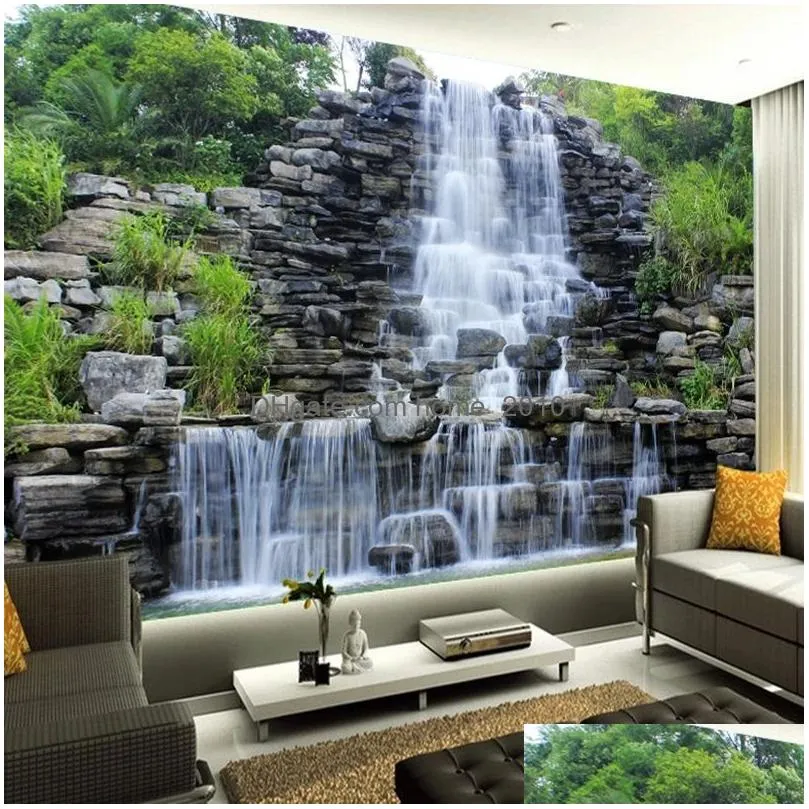 custom 3d wallpaper water flowing waterfall nature landscape art mural living room bedroom papel de parede decor