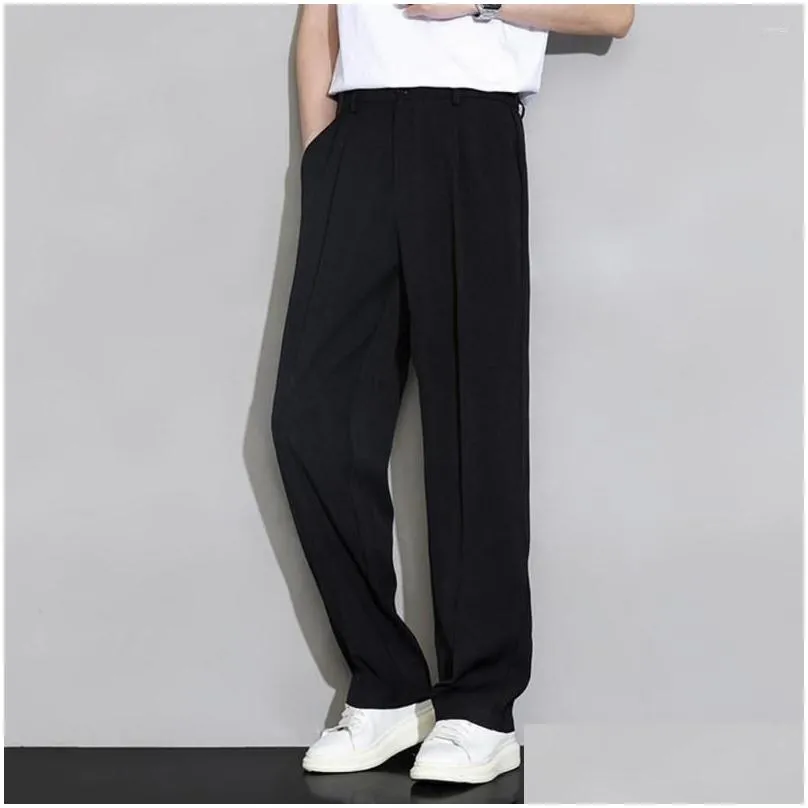 Men`S Pants Mens Pants Men Suit Elastic Waist Trousers Elegant Draped Wide Leg Business Ice Silk Button For Casual Apparel Men`S Cloth Oto6M