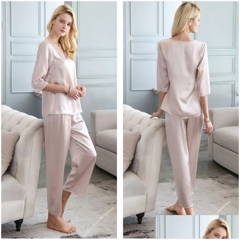 Home Clothing 100% Genuine Silk Pajama Sets Women Half Sleeve Flower Edge 2 Pcs Suit Sleepwear Soft Real Wear Pijama Feminino Drop D Otil6