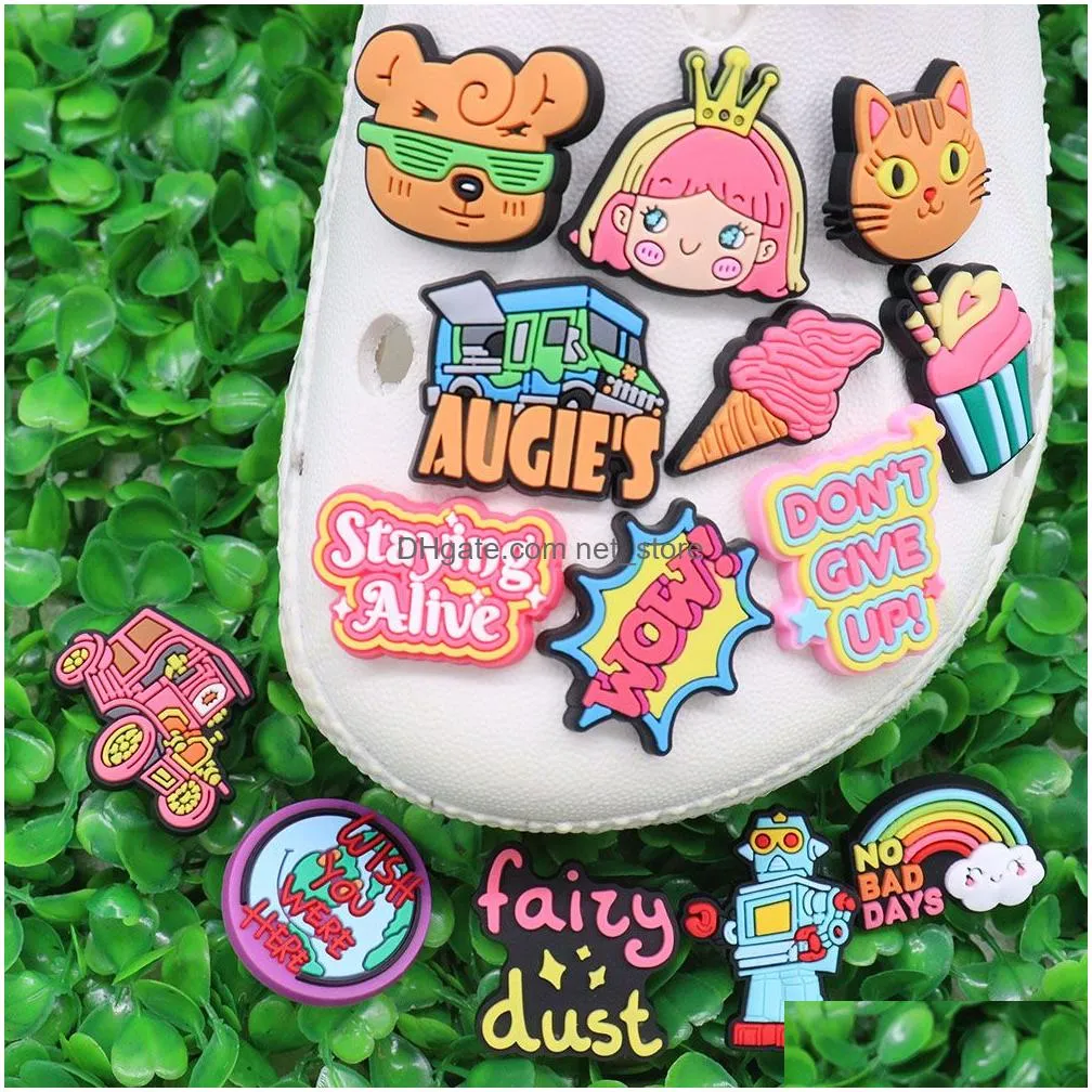 wholesale 100pcs pvc no bad days girl bear car cupcake ice cream buckle decorations for bracelet button clog adult gift