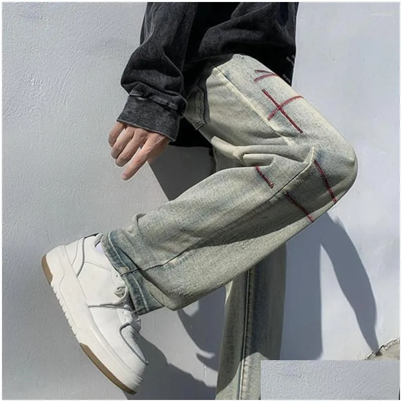 Men`S Jeans Mens Jeans Men Spring Wide Leg With Deep Crotch Ripped Stripes Pockets Stylish Denim Trousers Streetwear Apparel Men`S Clo Ot357