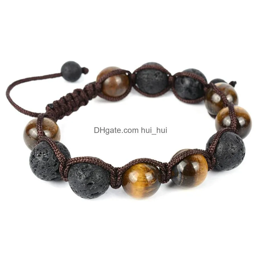 yiwu small commodity handmade accessories 12mm tiger eye stone woven adjustable bracelet volcanic rock qm8i