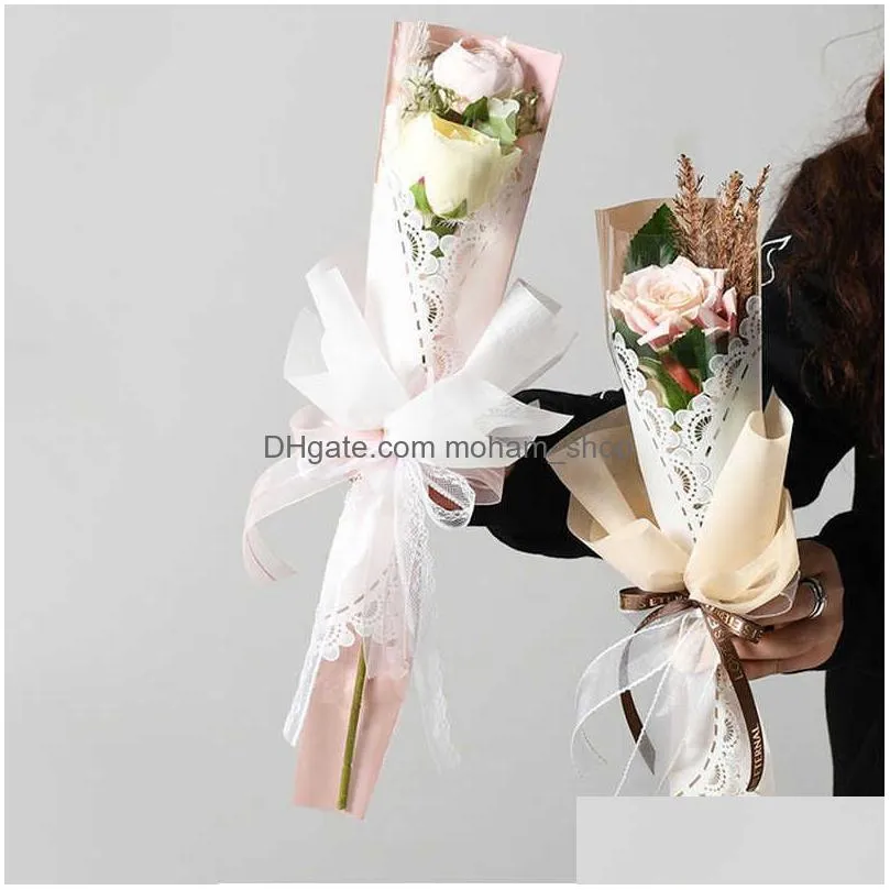 gift wrap 20pcs mini lace single bouquet wrapping gift bag plastic rose flower packing bags party decor rose boxes cases florist supplies