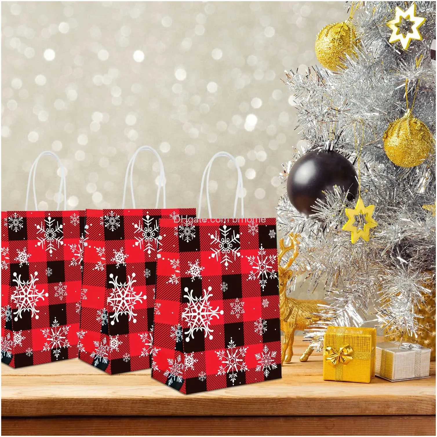 christmas party goodie bags red black  plaid snowflakes kraft paper christmas gift treat bags with handles for christmas new year holiday party favors