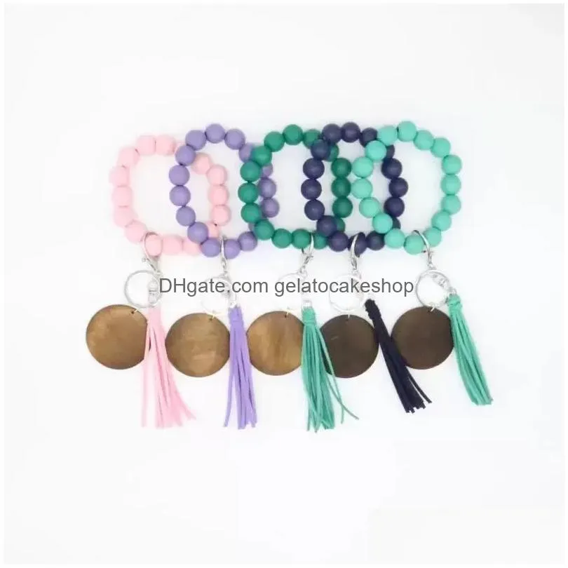 party cross-border beaded wooden bead keychain fashion personality disc tassel bracelet key ring female wholesale
