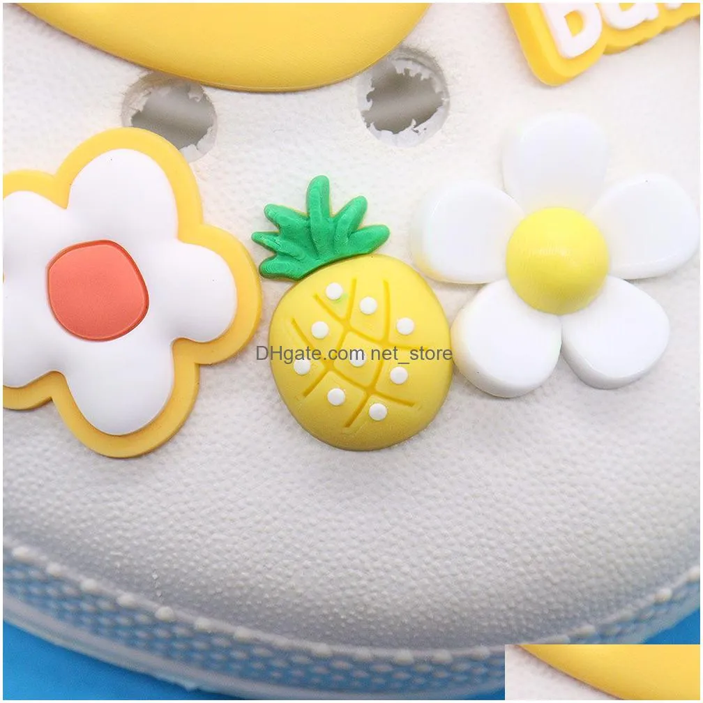 wholesale 100pcs pvc yellow chocolate smile bear flower candy love you baby rabbit pineapple buckle accessories for children backpack button