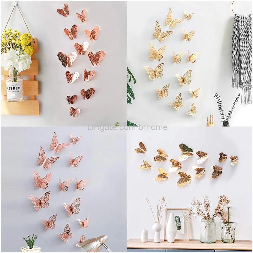 3d butterfly wall sticker metallic art sticker with set 3 sizes diy decorative paper murals for girls bedroom living room party decoration rose gold and gold and silver