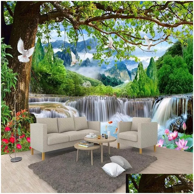 custom mural green big tree forest waterfall nature landscape 3d p o wallpaper bedroom living room background