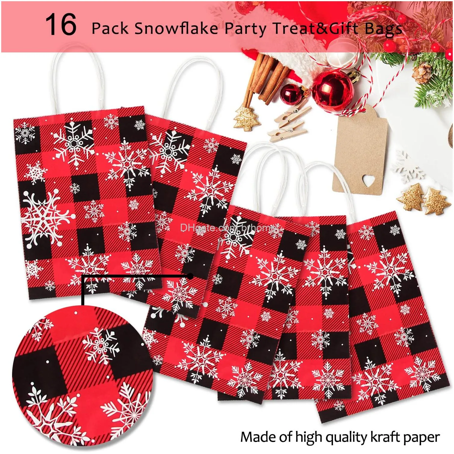 christmas party goodie bags red black  plaid snowflakes kraft paper christmas gift treat bags with handles for christmas new year holiday party favors