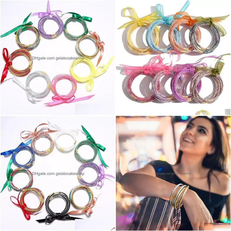 5 pcs/set bowknot glitter bangles party girls all weather stack silicone plastic glitters jelly bracelet gifts