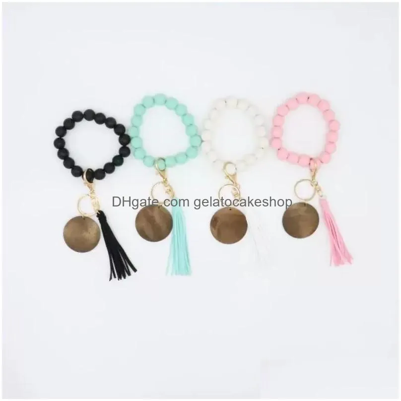 party cross-border beaded wooden bead keychain fashion personality disc tassel bracelet key ring female wholesale