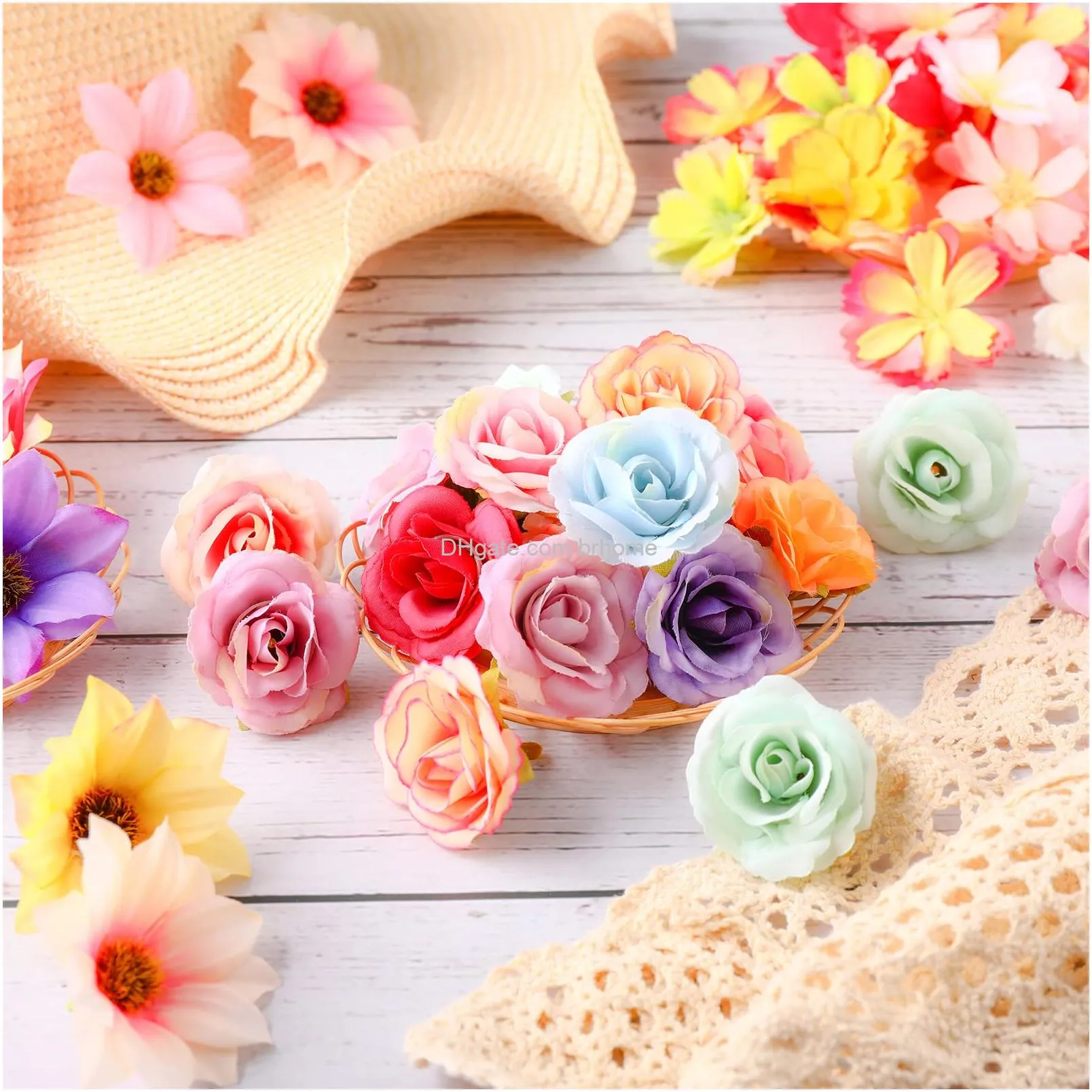 mini flower heads silk fake rose daisy colorful craft flowers small flower embellishments artificial rose head flowers peony daisy decor diy flower decoration for home wedding 4.5 cm 5 cm