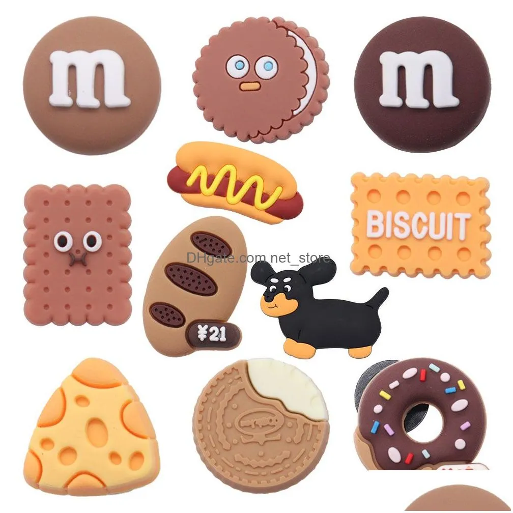 wholesale 100pcs pvc food chocolate chip cookie bun shoe charms buckle decorations for bracelet button clog