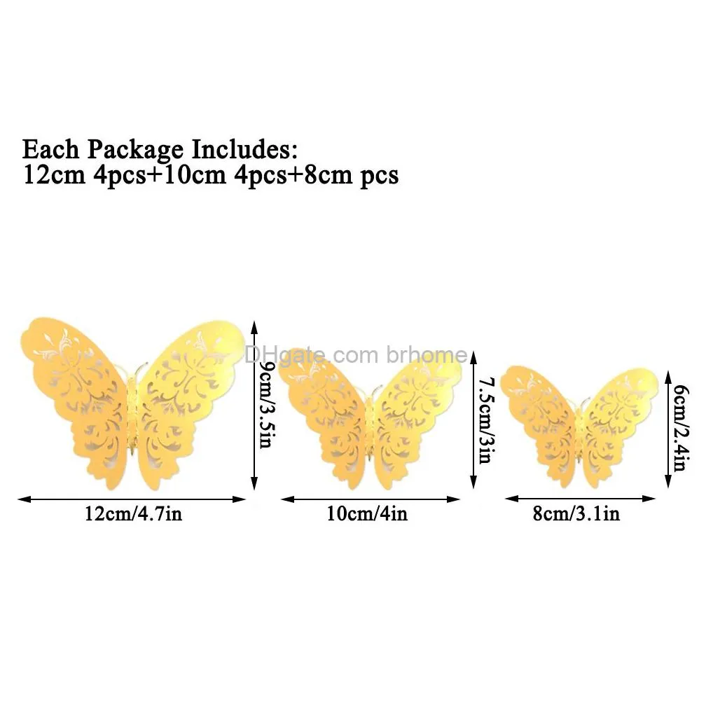3d butterfly wall sticker metallic art sticker with set 3 sizes diy decorative paper murals for girls bedroom living room party decoration rose gold and gold and silver