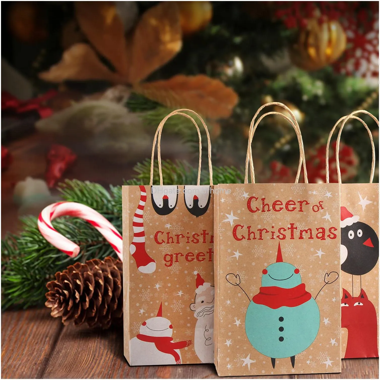 christmas kraft gift bags paper treat bags goody bags with handles for christmas party supplies decor 15 x 9 x 23cm