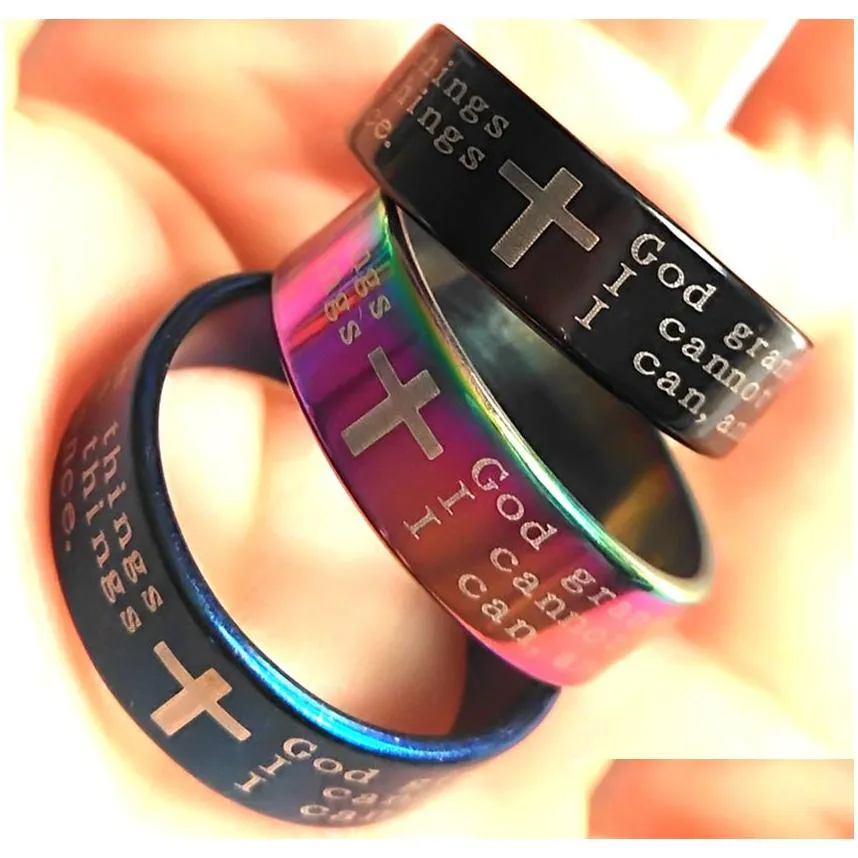 Band Rings Bk Lots 100Pcs English Serenity Prayer Bible Cross Stainless Steel Rings 8Mm Black Blue Rainbow Whole Mens Fashion Jewelry Otuzn