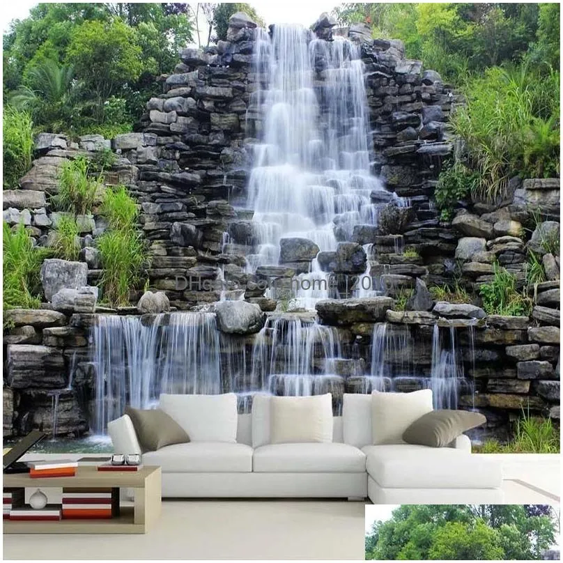custom 3d wallpaper water flowing waterfall nature landscape art mural living room bedroom papel de parede decor