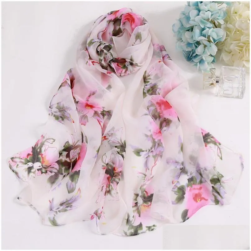 Scarves Chiffon Scarf For Women Peach Blossom Flower Printing Long Soft Wrap Scarves Ladies Breathable Fashion Accessories Hats, Scarv Otm7Q