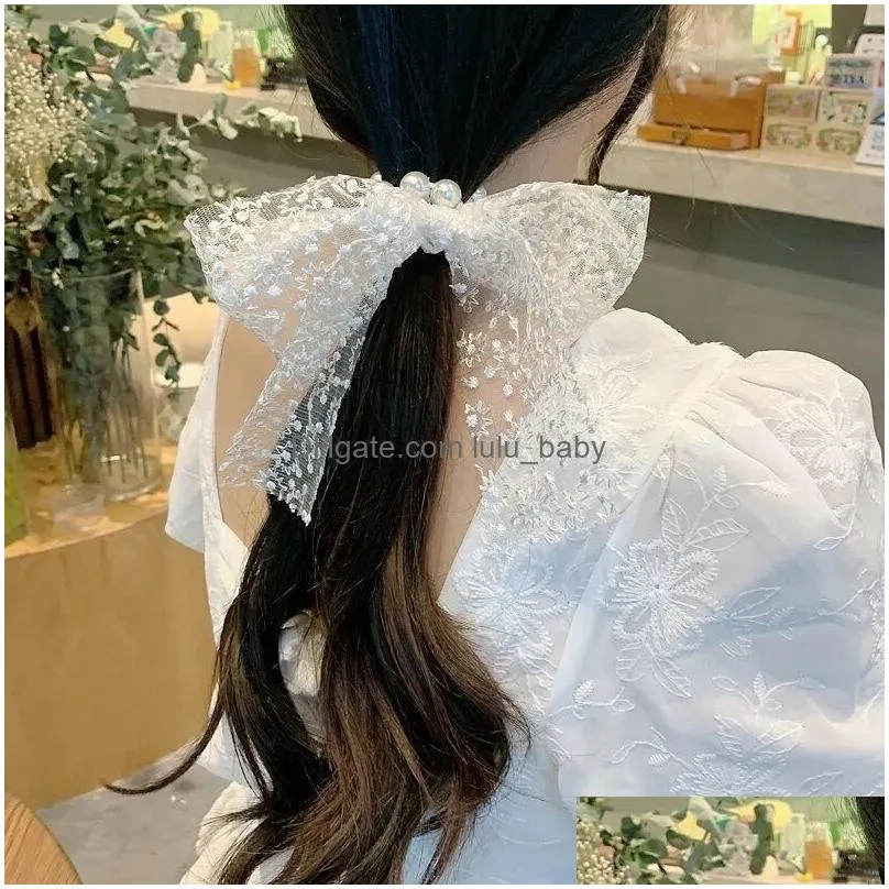 happy multi knock fairy lace bow pearl hair rope korean version sen series ribbon large intestine circle hair ornament headdress