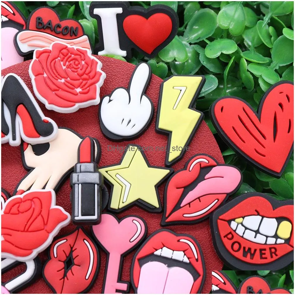 wholesale 100pcs pvc star lipstick tape high heels rose skirt shoe charms adult buckle decorations for wristband button clog