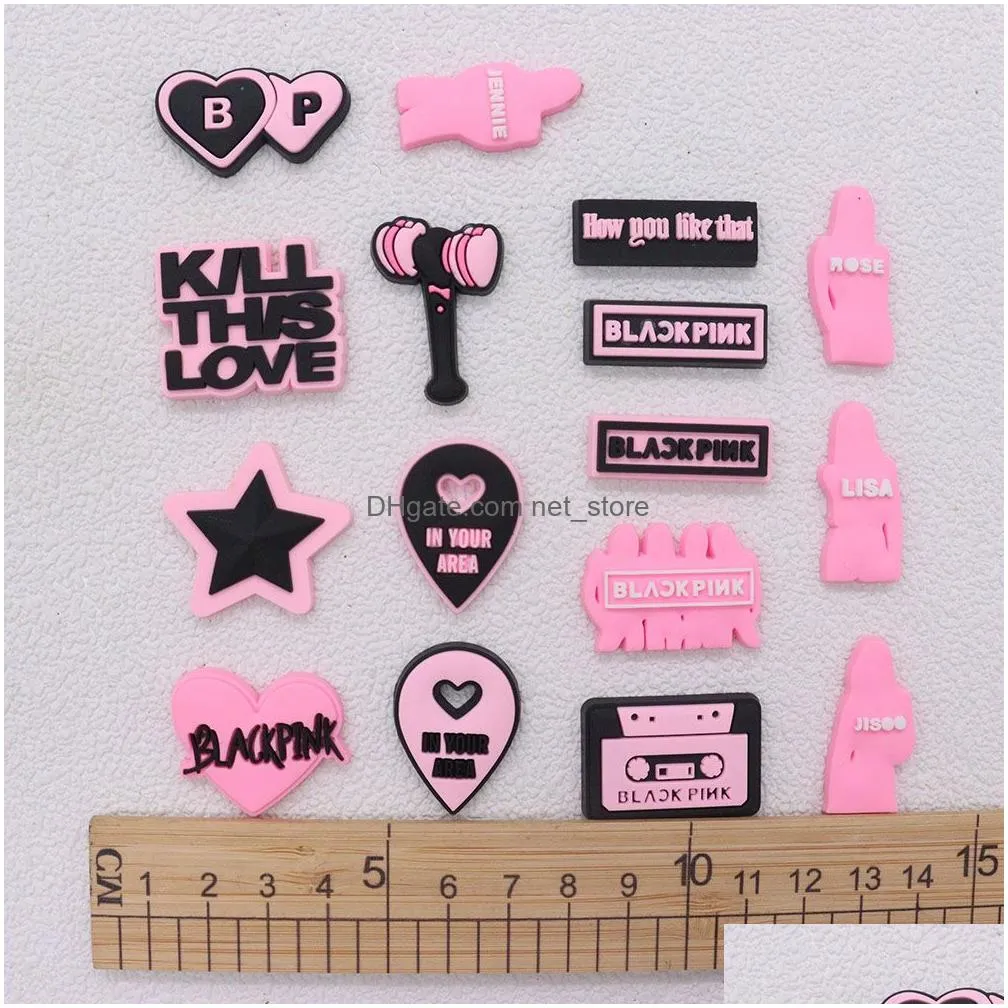 wholesale 100pcs pvc pink heart star singer tape love hammer shoe charms fit wristbands sandals shoes decoration for bands bracelets