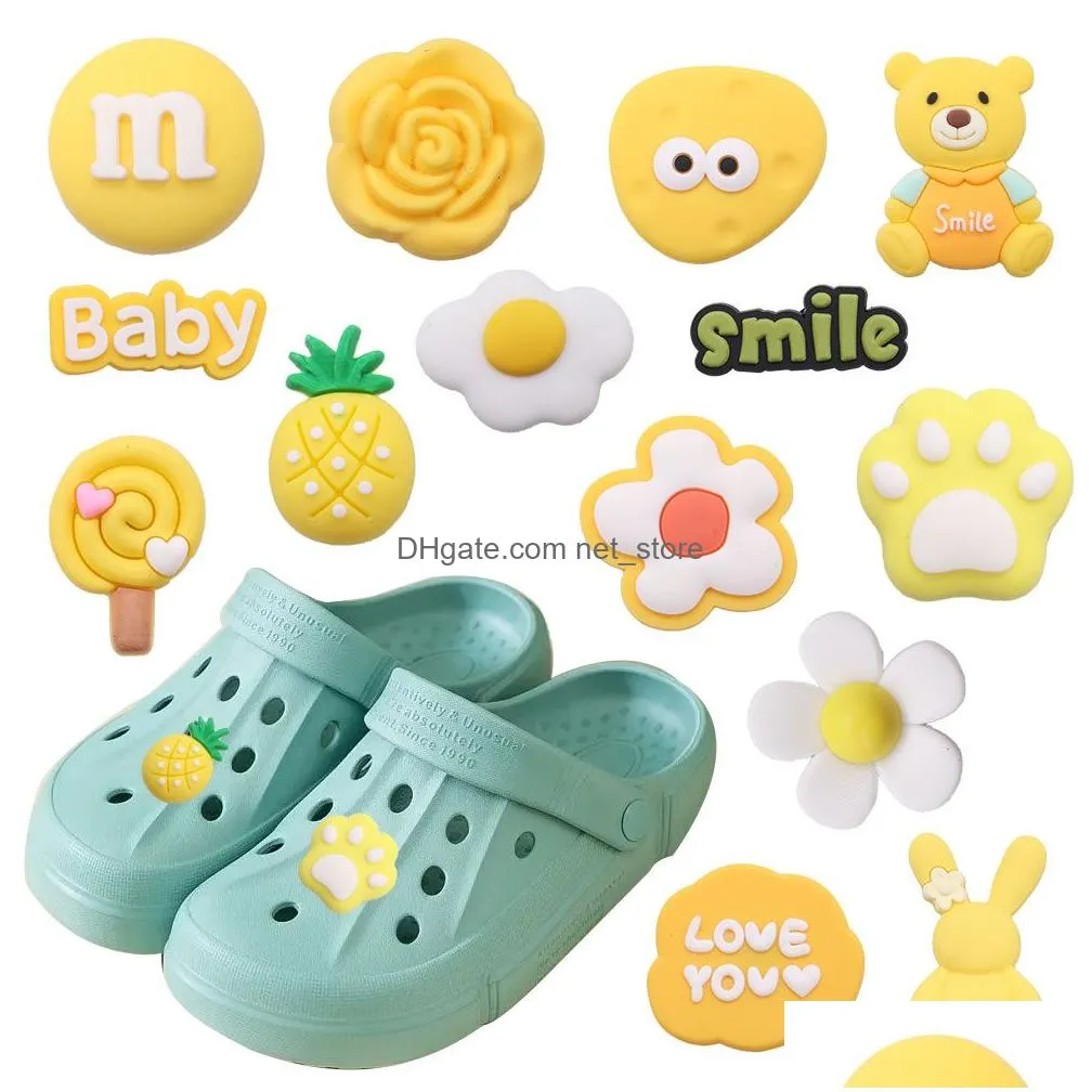 wholesale 100pcs pvc yellow chocolate rabbit bear flower candy shoe charms fit wristbands sandals shoes decoration