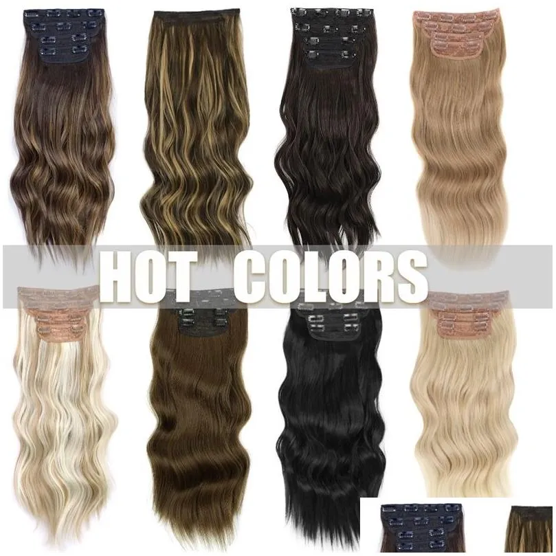 Clip In/On Hair Extensions Aisi Hair Synthetic 4Pcs/Set Long Wavy Extensions Clip In Ombre Blonde Dark Brown Thick Pieces W22040198976 Otptr