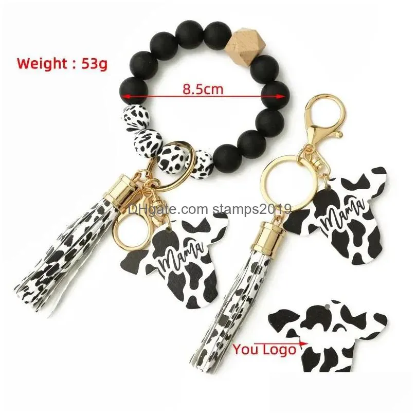 party silicone cursive cow bead bracelet wood disk bracelet keychain cow tassel ox head wrist key ring charm pendant accessory fy3450