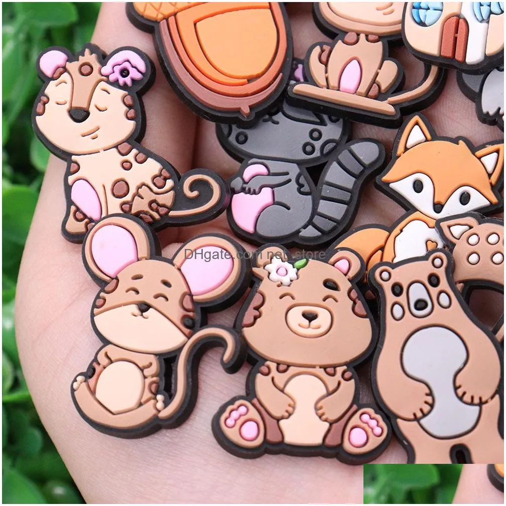 wholesale 100pcs pvc animal  tiger elephant bear raccoon monkey tree mouse garden shoe charms buckle decorations for fashion button clog