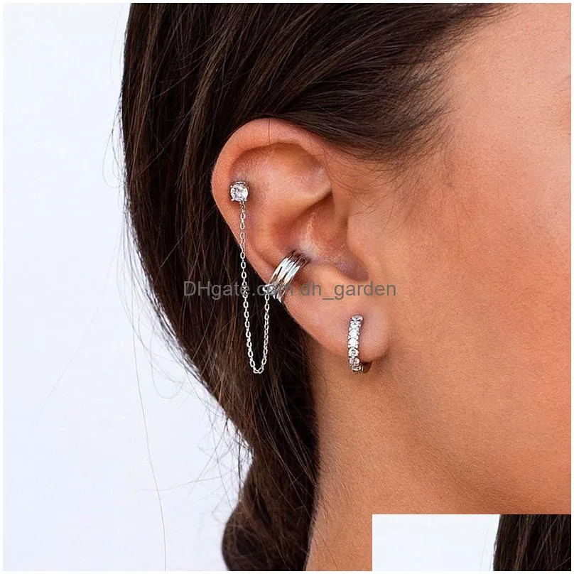 2PCS New Stainless Steel Cubic Zirconia Chain Hoop Earrings For Women Tiny Pendant Star Moon Earring Cartilage Piercing Jewelry