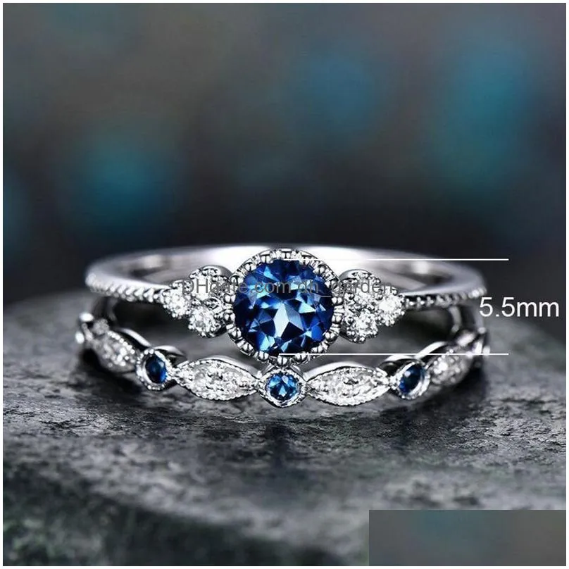 2Pcs/Set Classic Ring Created Birthstone Delicate Slim Ring for Women